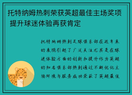 托特纳姆热刺荣获英超最佳主场奖项 提升球迷体验再获肯定