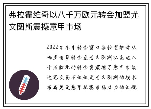 弗拉霍维奇以八千万欧元转会加盟尤文图斯震撼意甲市场