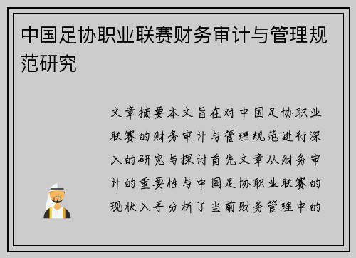 中国足协职业联赛财务审计与管理规范研究